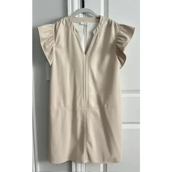 THML Faux Leather Cream Flutter Sleeve Mini Shift Style Dress Large - Picture 2 of 8